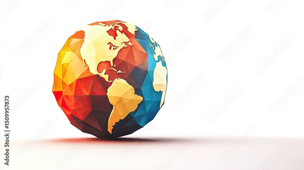 Poster colorful geometric globe depicting earth with abstract triangular shapes and vibrant tones on white 