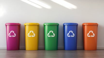 Five colorful recycling bins lined up against a wall, each with a recycling symbol, representing organized waste separation.