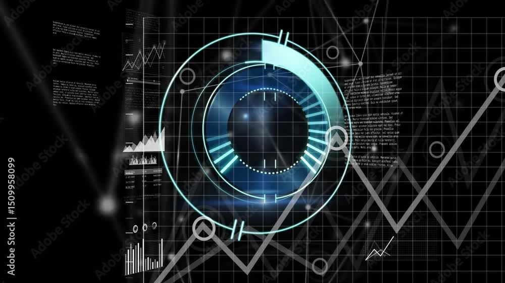 Poster glowing network grid initiating data interface rotating, animating charts, visualizing global data