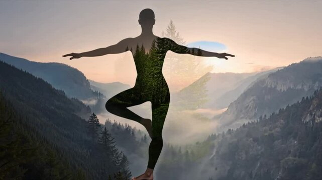  Woman doing yoga on top of a mountain with forest video double exposure on her body. Wellness and mental clarity concept. 