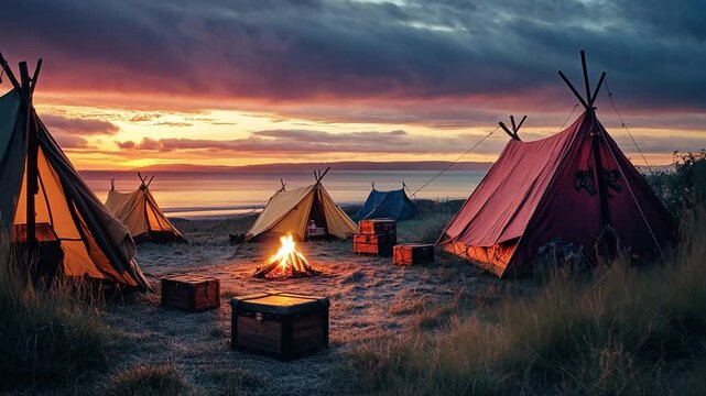 This footage captures a serene campsite at sunset. Teepees and a glowing fire create a cozy setting. Perfect for outdoor enthusiasts and camping enthusiasts. Generative AI