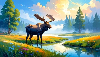 Majestic Moose in a Serene Forest with Morning Mist and Wildflowers