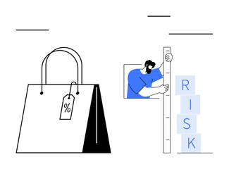 Shopping bag with percentage discount tag beside a person measuring stacked blocks labeled RISK. Ideal for retail analytics, business strategy, risk management, sales optimization, market research