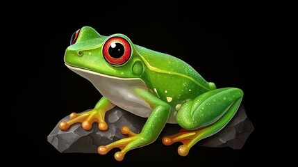 Obraz premium Pixel Art Green Tree Frog with Red Eyes on Dark Rock
