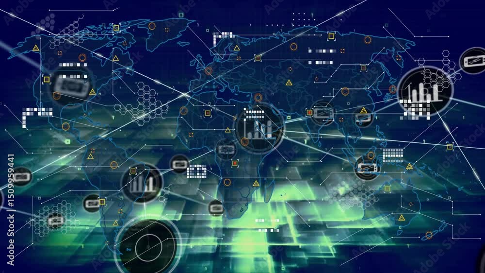 Poster glowing hub emerging on flat design map sending white lines linking nodes visualizing data flow