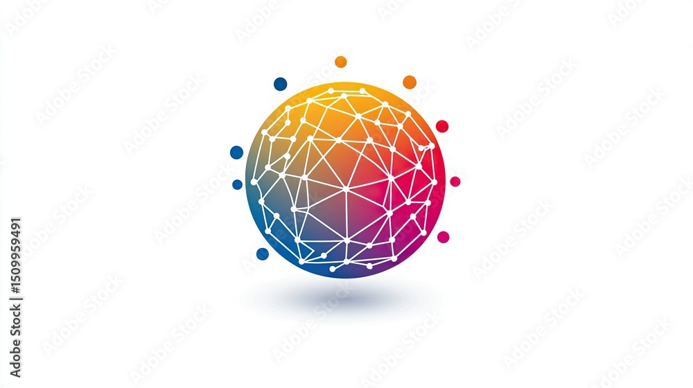 Poster abstract representation of a colorful digital globe with connected nodes symbolizing global networki
