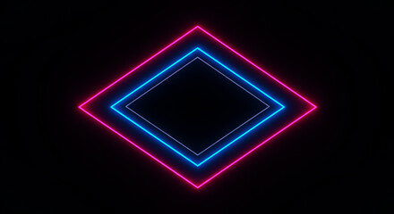 Minimal Glowing Neon Diamond Frame in Blue and Pink on Black Background