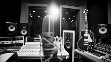 Studio microphone in a recording environment featuring professional audio equipment and good lighting, capturing the essence of sound production
