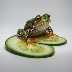 A colorful frog resting on a large, glossy cucumber slice with a white background.