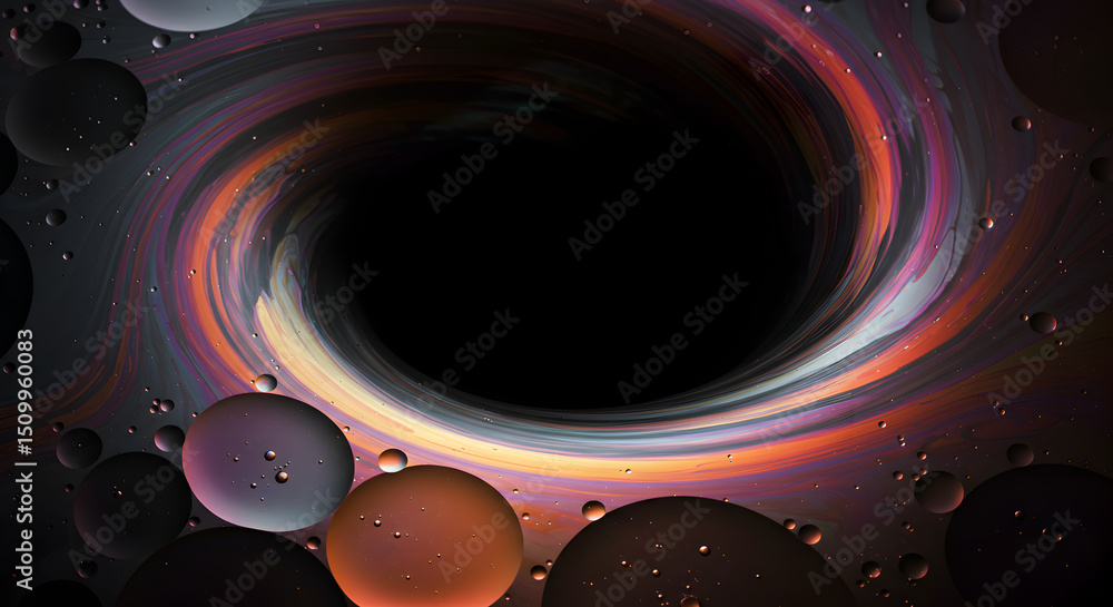 Poster cosmic vortex: abstract rendering of gravity well with celestial orbs