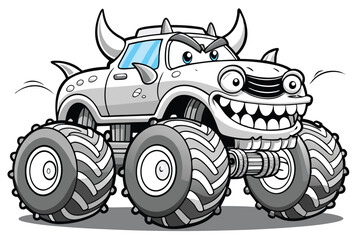 Cartoon Monster Truck Illustration with Horns and Big Tires Ready to Crush © Nandiny