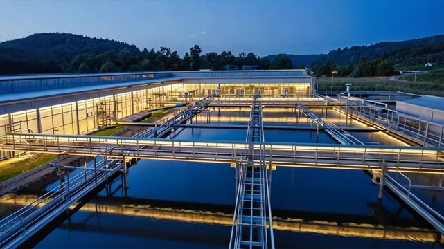 A modern water purification plant. The facility is surrounded by water, emphasizing sustainability and advanced technology. Sustainability, recycling, desalination clip