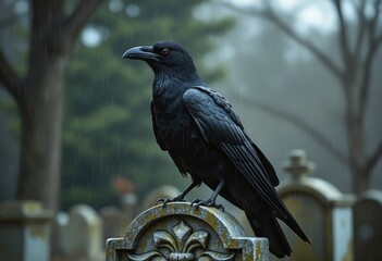 Gothic Raven Perched on Weathered Tombstone in Rainy Cemetery Scene