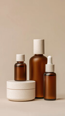 Minimalist Skin Care Routine Setup with Sleek Bottles on White Background