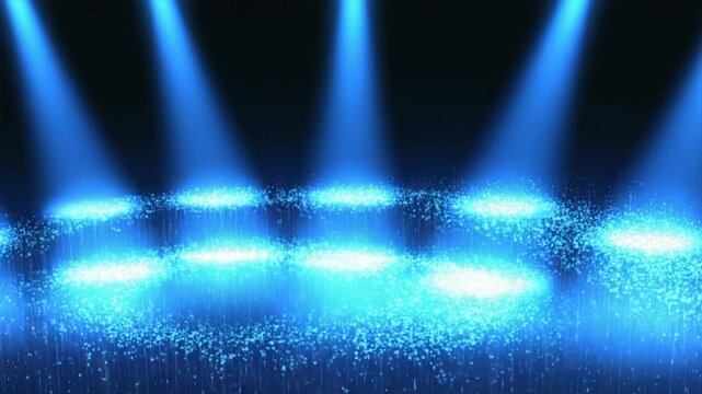 Glowing blue particles moving dynamically against a dark background. One by one, five spotlights fill the stage with blue light.