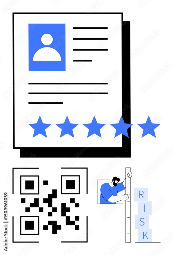 Poster user profile with a five-star rating, qr code, man analyzing risk blocks. ideal for user interface, 