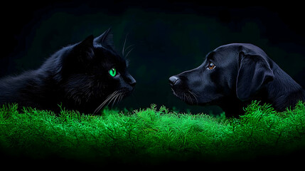 Black Cat and Black Dog Face Off in Nighttime Green Grass