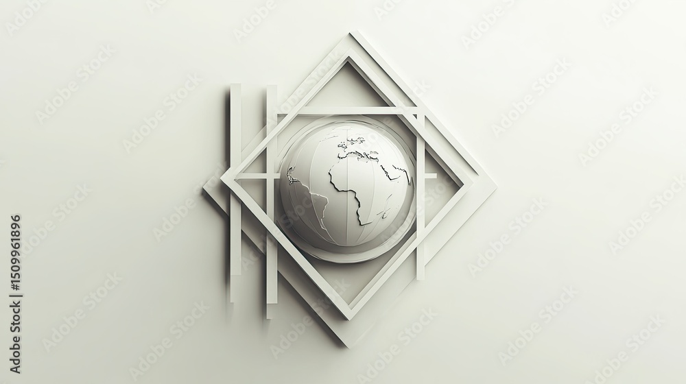 Poster abstract representation of a three-dimensional globe surrounded by geometric frames in a minimalisti