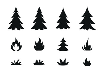 Obraz premium A set of camping collection on white background, tree, fire, grass 