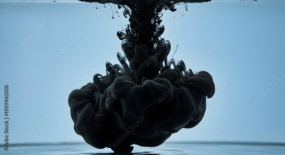 Poster submerged ink cloud creating abstract shapes under water surface