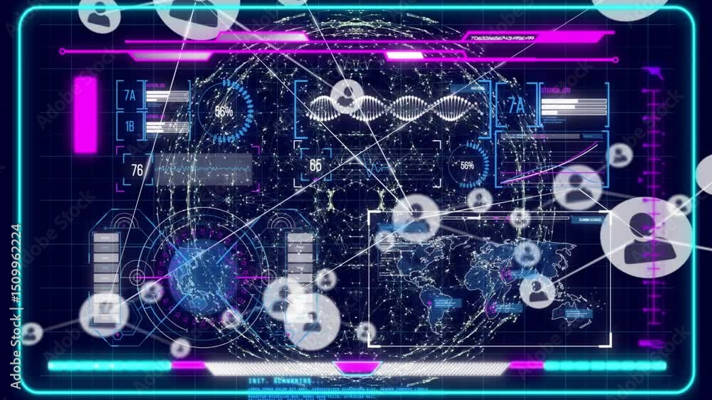 Poster initializing scanning wireframe globe as user icons connecting network visualizing connectivity