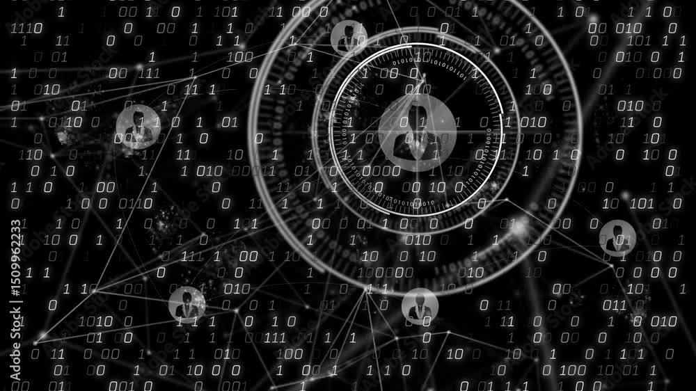 Poster floating binary digits starting scan, user silhouette spinning rings, revealing network connections