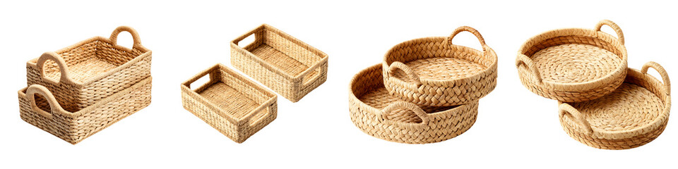 Fototapeta premium Natural wicker baskets and trays, crafted from beige rattan, showcasing functionality and style, ideal for home organization or decorative purposes