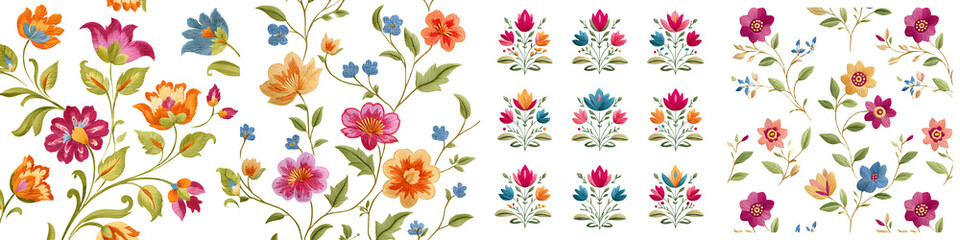 Vibrant, intricate floral designs featuring colorful blossoms, lush green leaves, and classic decorative styles suitable for textile design, wallpapers, and artistic projects.