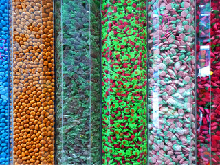 A vibrant mix of rainbow-colored candies.