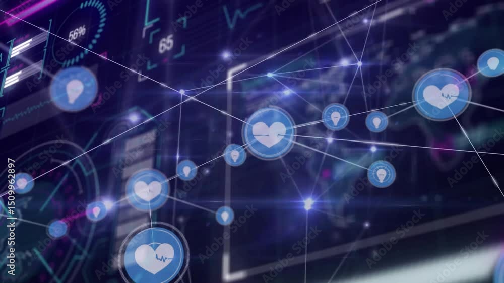 Poster blue heart-pulse icon appearing, radiating glowing lines and growing data node network across map