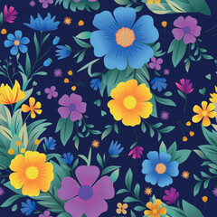 Seamless floral pattern with bright stylized flowers and leaves on a deep dark blue background. Texture with universal use for textiles, wallpaper, packaging.