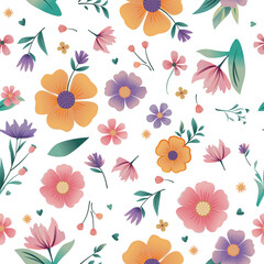 Cute seamless floral pattern with bright stylized flowers, green leaves and buds. Modern flat design, perfect for textile, wallpaper and fabric. Playful, colorful repeating vector illustration