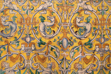Wall ornament in the Hall of Tapestries-Salon de los Tapices, Royal Palace Alcazar, Seville, Andalusia, Spain         