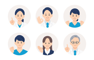 ポジティブな医者･看護師･医療事務の男女顔アイコンセット【人物ベクターイラスト素材】