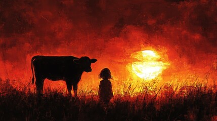 Artistic Expression of Child and Cow Gazing at a Fiery Sunset in a Rustic Rural Landscape