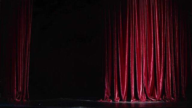 Velvet red curtains gradually opening on stage in dramatic theater reveal