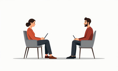 Man Woman Business Meeting Laptop Chairs - Minimalist illustrations