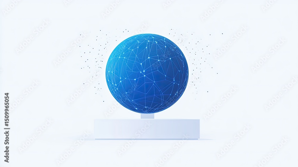 Poster blue geometric sphere with connected lines and glowing points on a white background representing tec