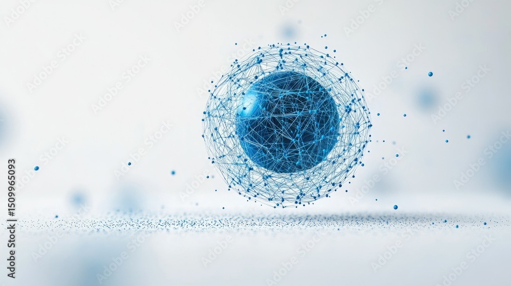 Poster abstract futuristic depiction of a blue sphere with interconnected lines and dots symbolizing techno