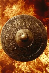 Ancient shield in fiery backdrop