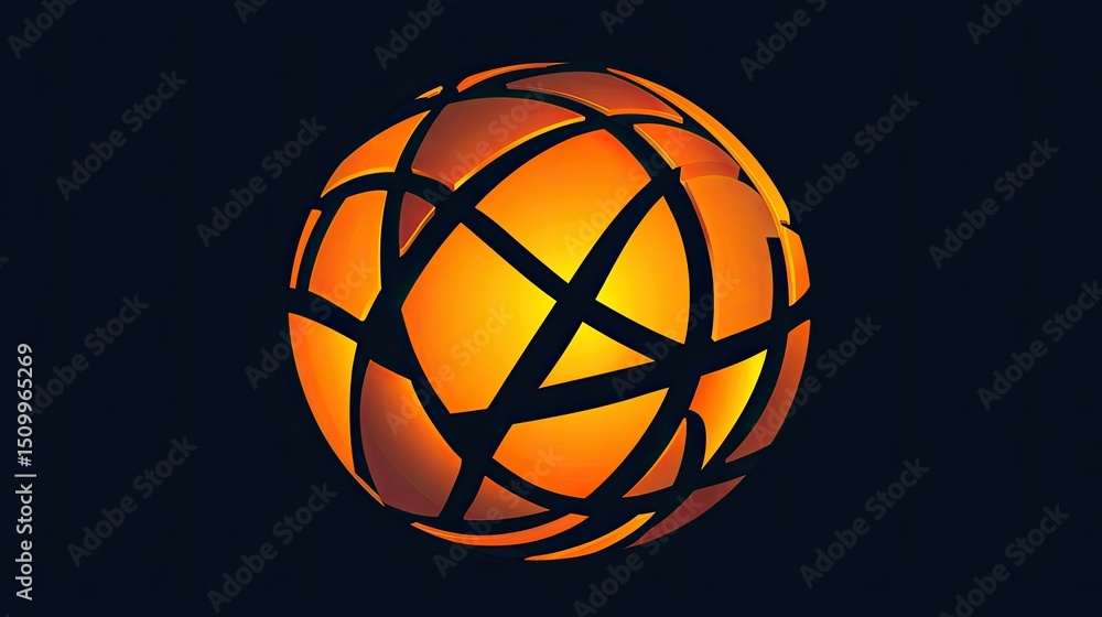 Poster abstract globe design with intricate lines and a warm orange glow against a dark backdrop, represent