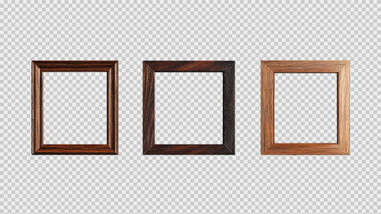 Three Stylish Wooden Frames Aligned in a Row on a Clean White Background, Featuring Natural Wood Texture, Centered Minimalist Composition, and Soft Shadows for Realism and Depth