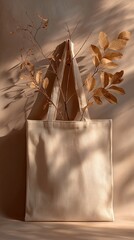 Beige Eco Tote Bag Mockup with Dried Branches and Leaves. High quality