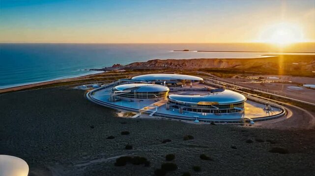 CGI footage of a serene coastal scene featuring futuristic research domes near the shoreline. Ideal for themes like space colonization, environmental studies, or speculative architecture.