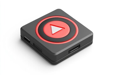 A small, black square streaming device with a red play button symbol and multiple ports on its sides, sits on a white background