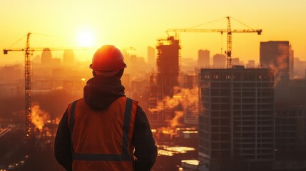 Construction worker overseeing urban development at sunset industrial site aerial perspective cityscape