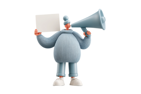 PNG Cartoon character with megaphone and blank sign in blue sweater