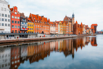 Fototapeta premium Gdansk with Motlawa river in Poland. Old town colourful house