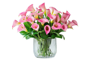 Obraz premium Pink calla lilies bouquet in glass vase isolated on a transparent background