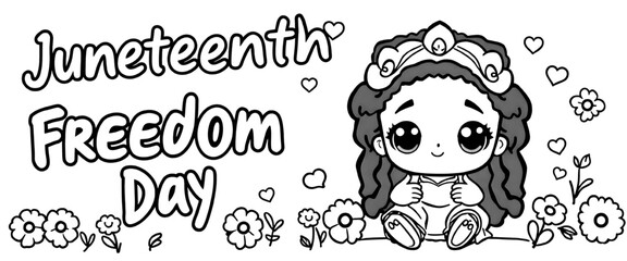 Charming Cartoon Character with Headwrap Sitting Among Flowers for Juneteenth Freedom Day Coloring Page